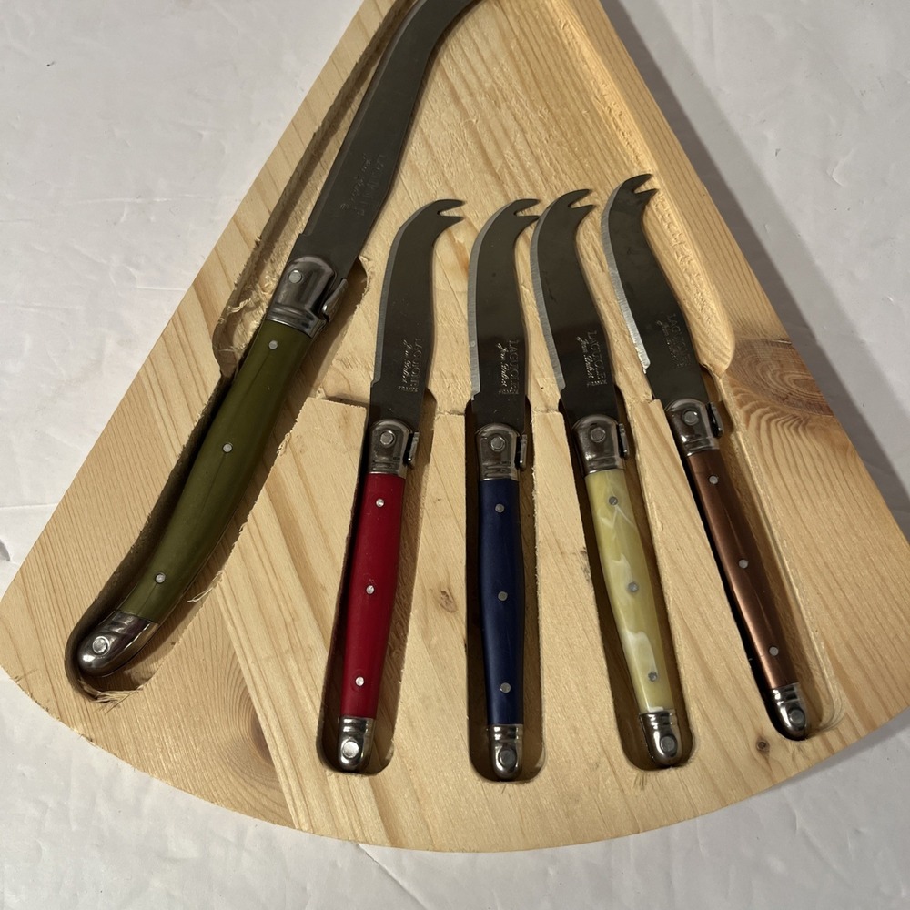 Laguiole Jean DuBost 5 Piece Cheese Knife Set Wood Triangle Holder France